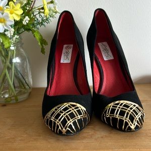 David Dixon Black Suede with Gold Metal Toe Stilettos, Size 40 (9.5)